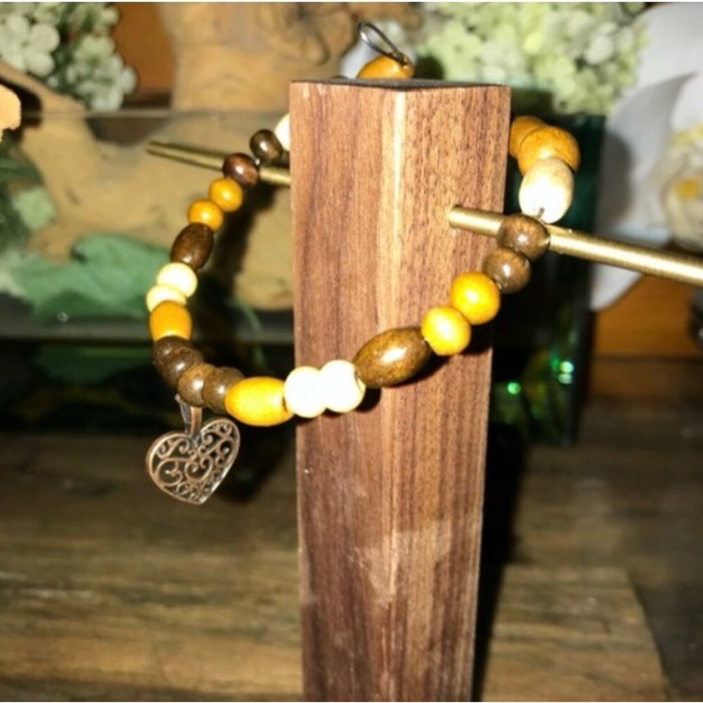 Natural Wood Beaded Bracelet with Heart Charm